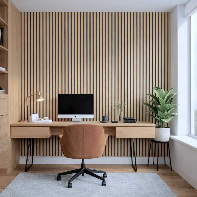 Oak acoustic slats behind a desk in a home office