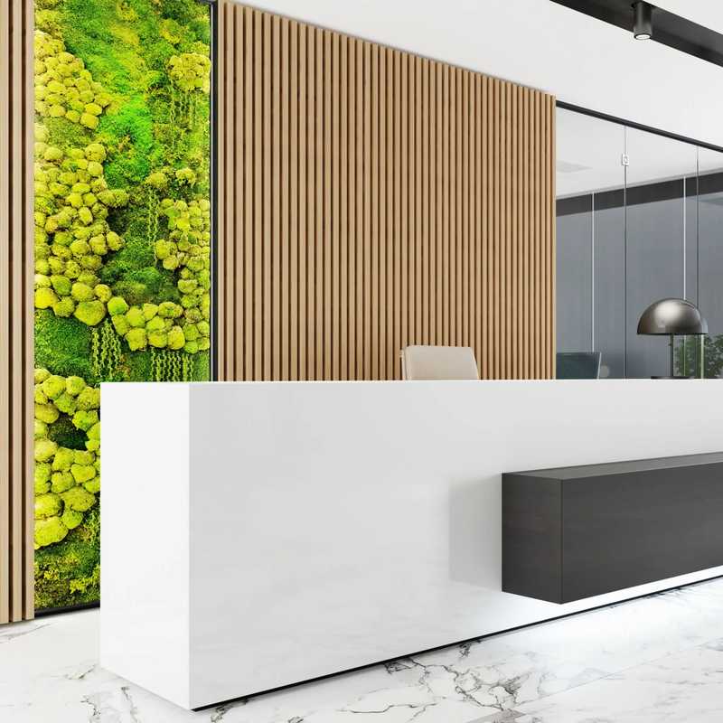 Oak slat panels and a moss wall at a hotel reception