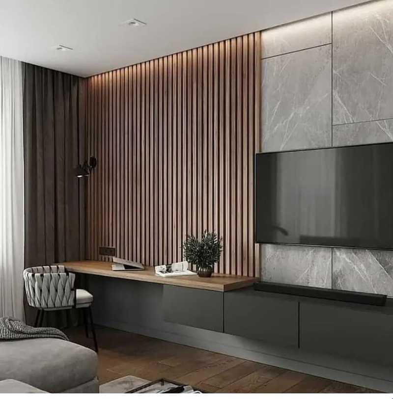 Acoustic slat wall with a TV in a living room