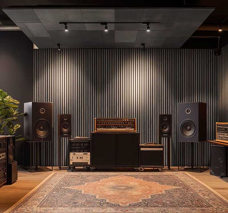Acoustic panels and speakers in a music studio