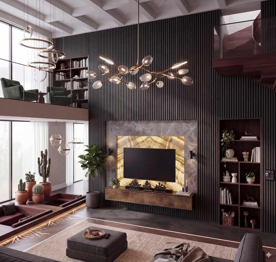 Dark slatted acoustic wall panels behind a TV in a double-height living room