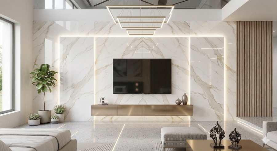 Calacatta Living Room — UV Marble PVC Wall Panels