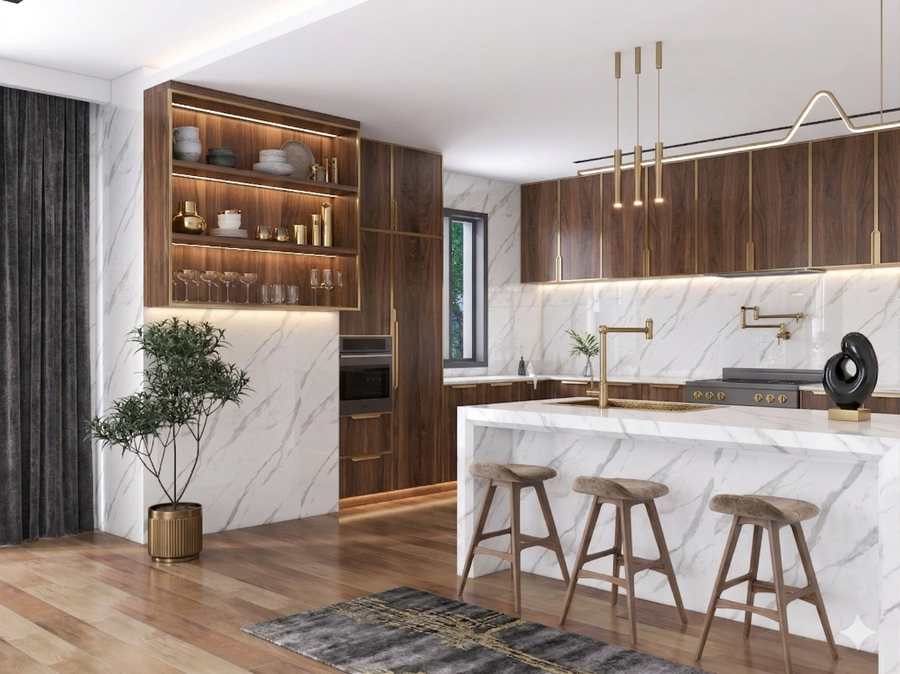 Luxury Kitchen & Island — UV Marble PVC Wall Panels