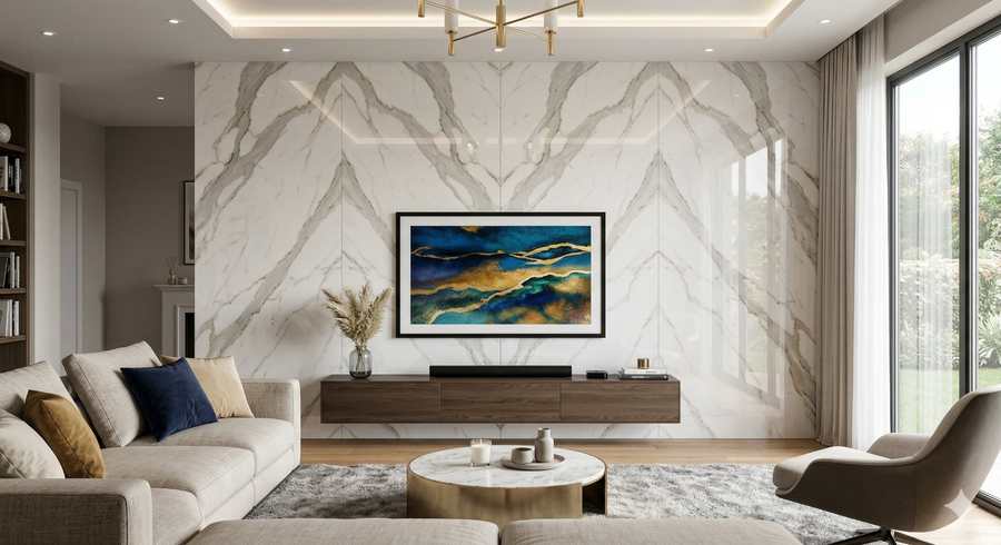 Feature Wall Living Room — UV Marble PVC Wall Panels