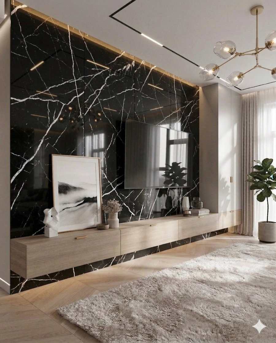 Nero Marquina TV Wall — UV Marble PVC Wall Panels