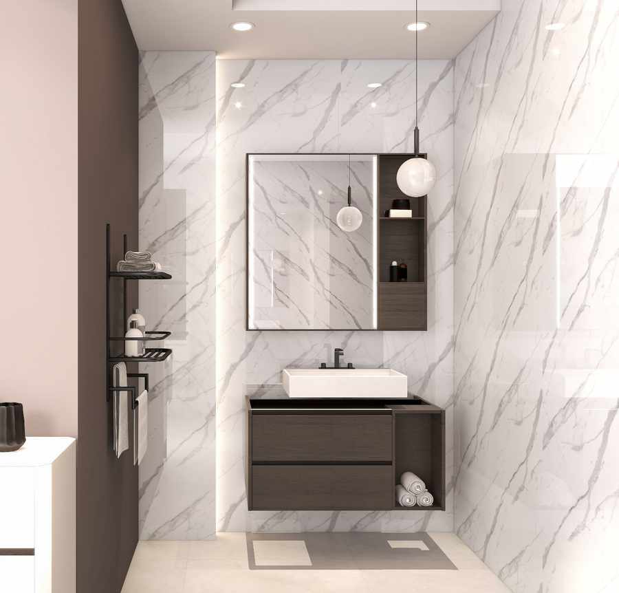 White UV marble PVC wall panels in a bathroom with a vanity and mirror
